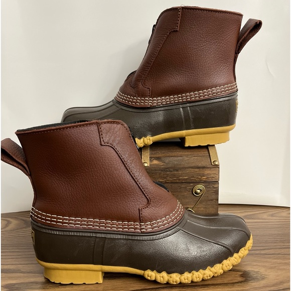 LL Bean Brown Leather 7" Front Zip Fleece Lined Insulated Duck Boots Women sz 8 - Picture 1 of 12